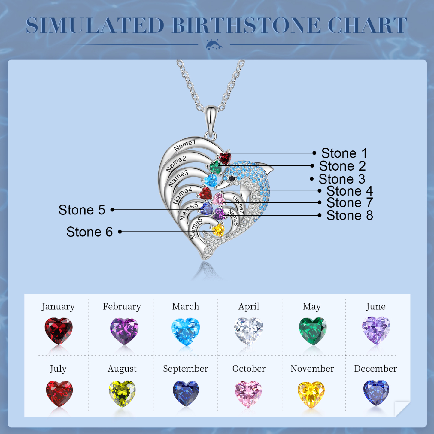 Personalised Heart Dolphin Necklace With 8 Birthstones Engraved Names Necklace Gift For Her-Jessemade AU