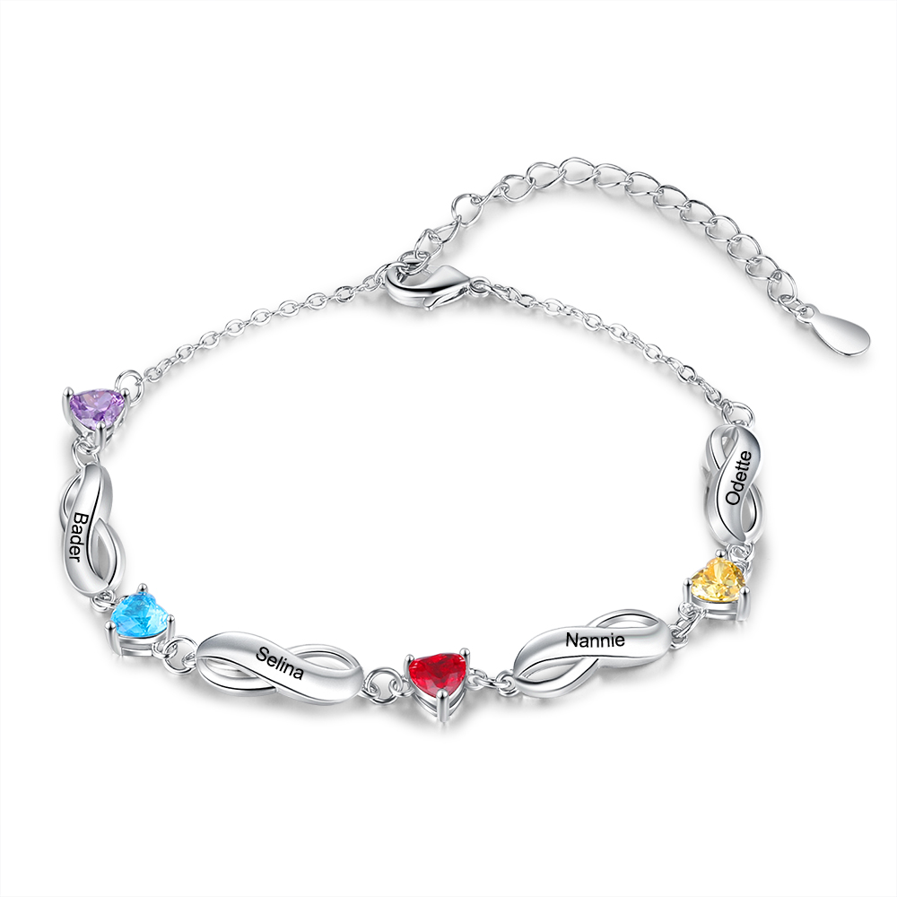 Personalised Infinity Bracelet With 4 Birthstones Engraved Names Bracelet Gift For Women