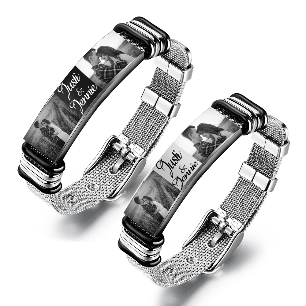 Personalised ID Bar Bracelet Engraved 2 Photos Men Women Bracelet-Jessemade AU