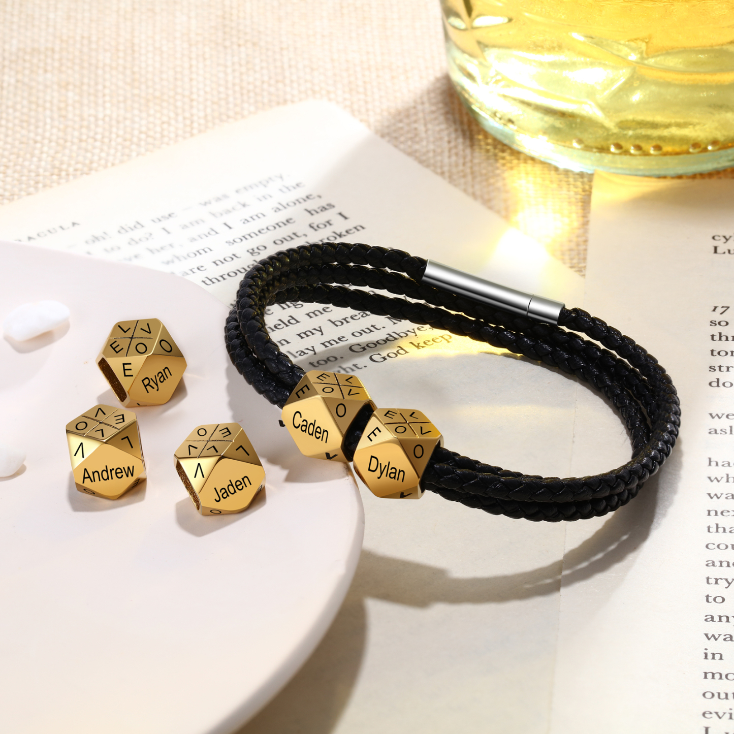 Personalised Braided Leather Bracelet Engraved 8 Names polyhedron Men's Bracelet Gifts For Him-Jessemade AU