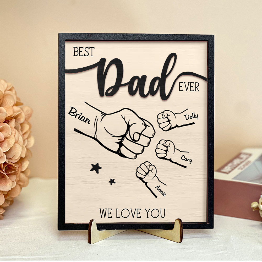 Best Dad Ever - Personalised Fist Bump Wooden Plaque Custom 2–9 Names Desktop Decor With Stand Gifts for Father-Jessemade AU