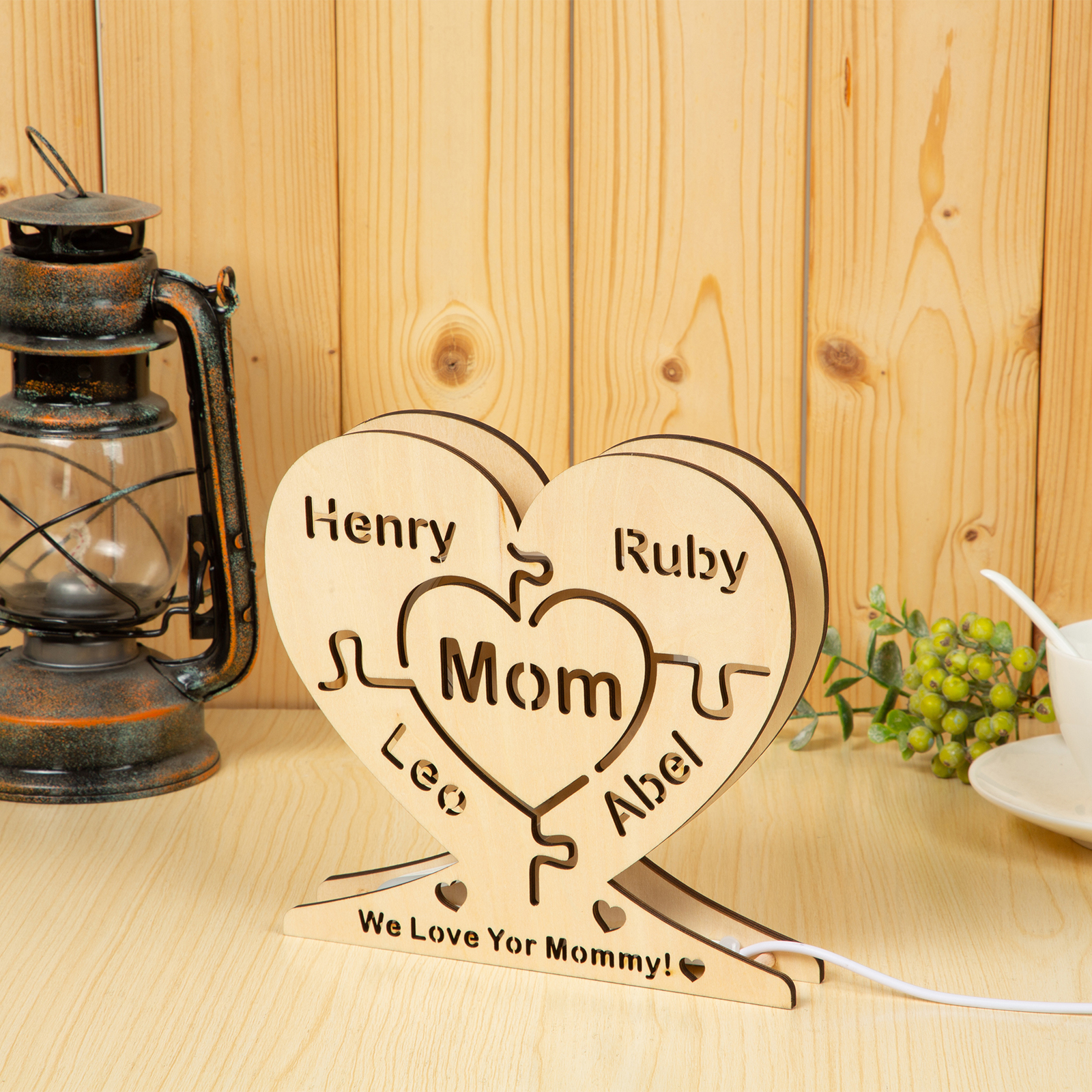 Personalised 8 Names Night Light Engraved Wooden Lamp-Jessemade AU