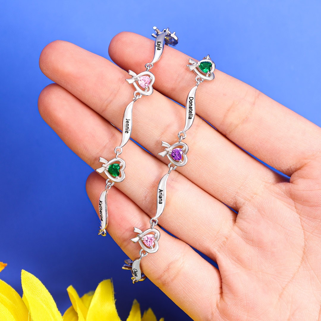 Personalised Heart Bracelet with 6 Birthstones Engraved Names Bracelet Gifts For Her-Jessemade AU