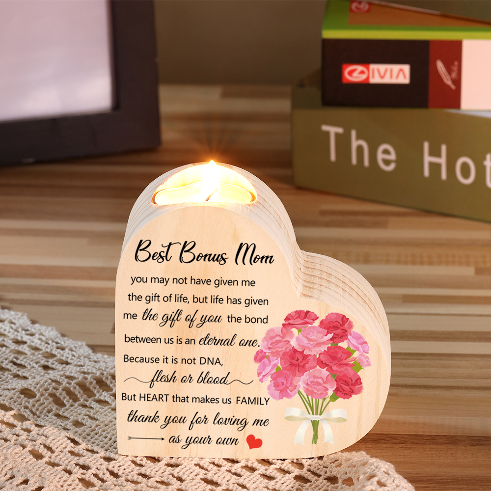 To My Mom Heart Candle Holder Wooden Candlestick Mothers Gifts-Thank you for loving me as your own-Jessemade AU