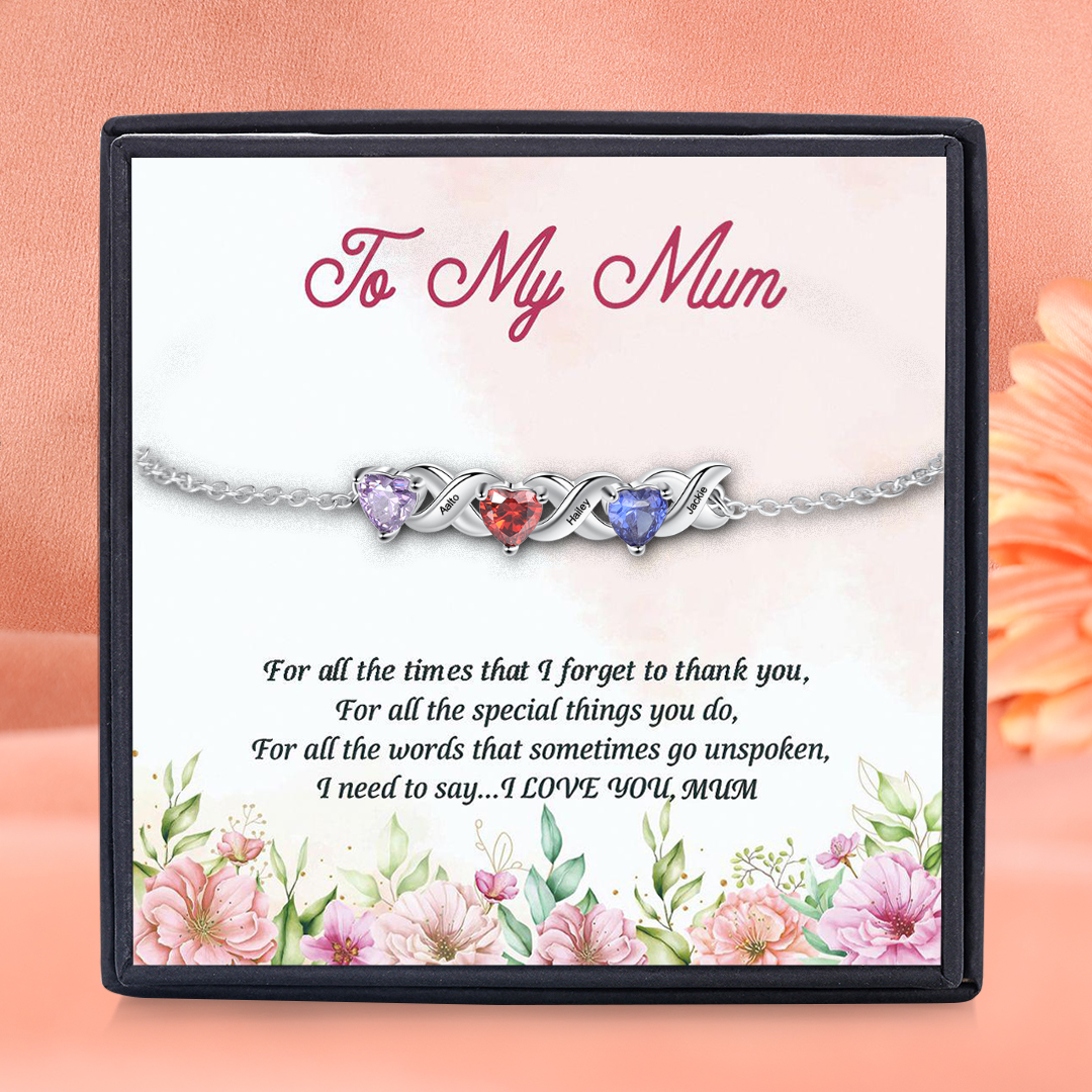 Personalised Bracelet With 3 Heart Birthstones Engraved Names Bracelet Gift For Women-Jessemade AU