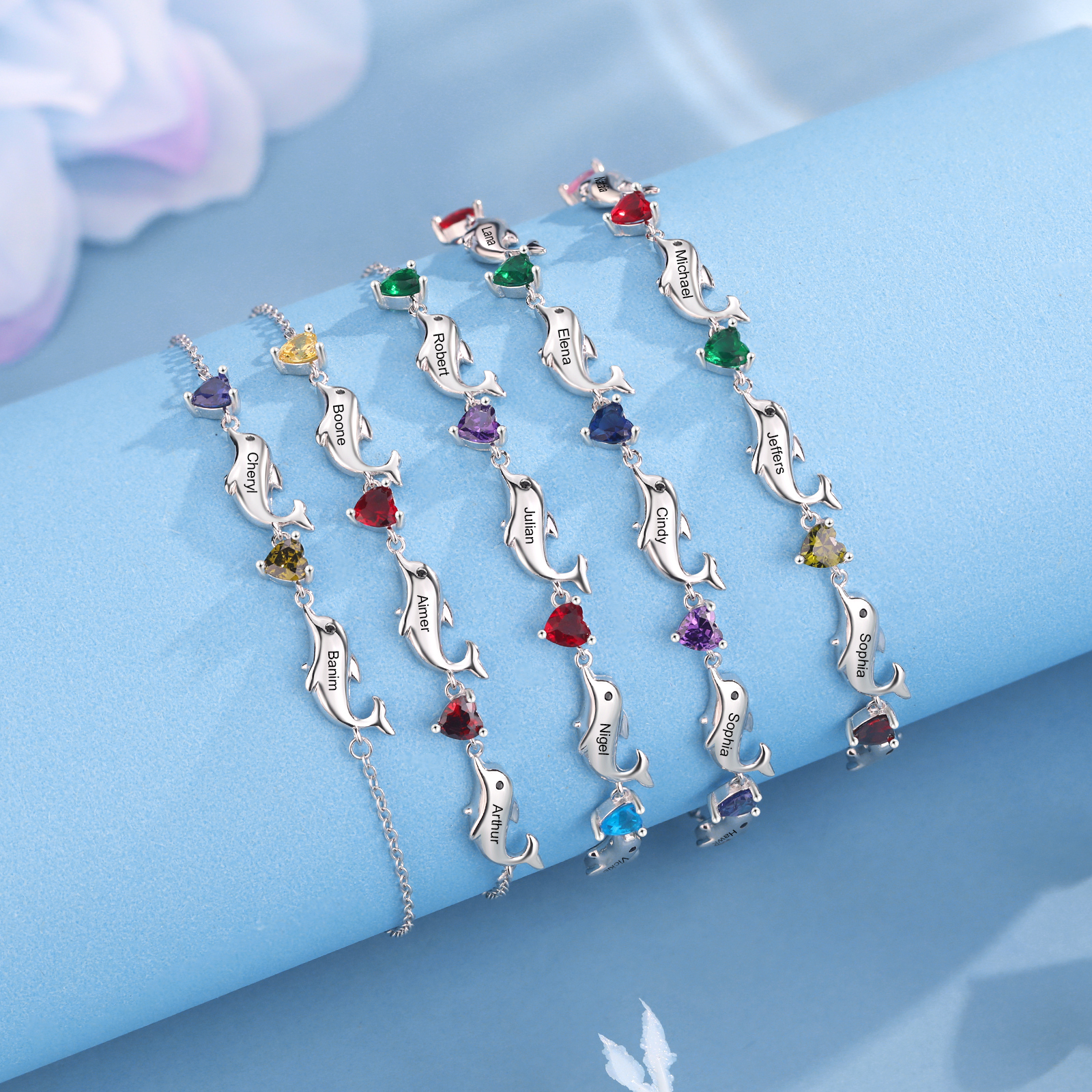 Dolphin Bracelet Personalised 5 Birthstones & 5 Names Women Bracelet-Jessemade AU