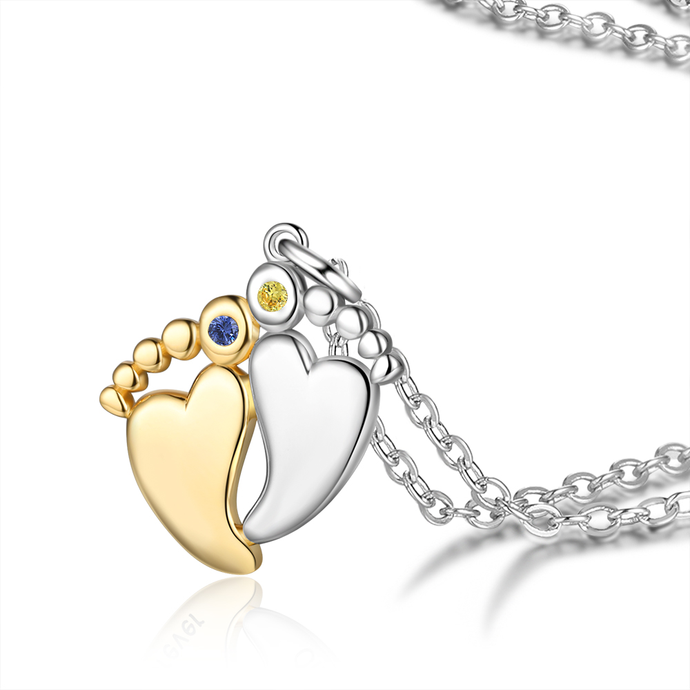 Personalised Baby Feet Necklace With 2 Birthstones Engraved Names Gift For Women-Jessemade AU
