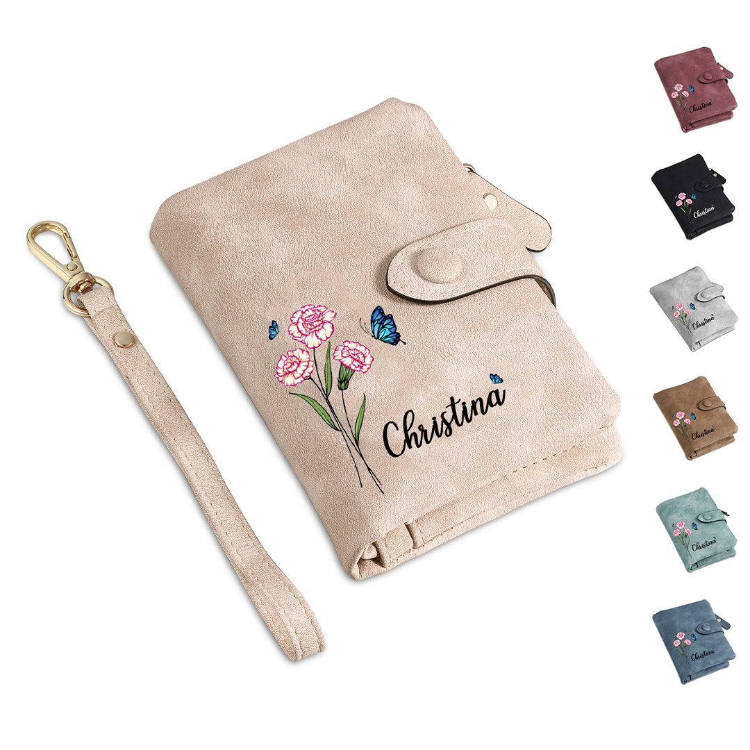 Personalised Women's Leather Wallet Custom Birthday Flower & Name & Photo Wallet Gift for Her