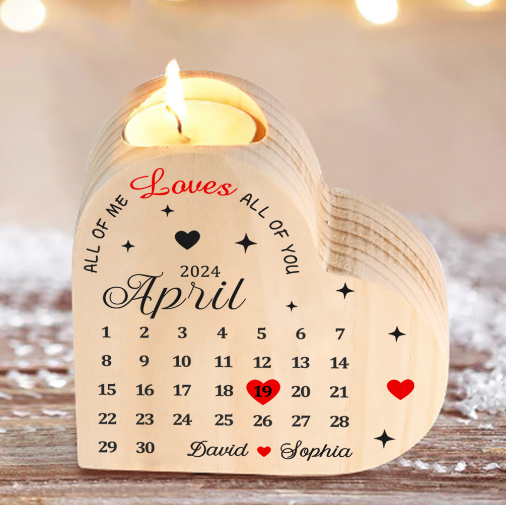 Personalised Heart Candle Holder Custom 2 Names & Date Wooden Calendar Candlesticks Anniversary Gift for Couples -Jessemade AU