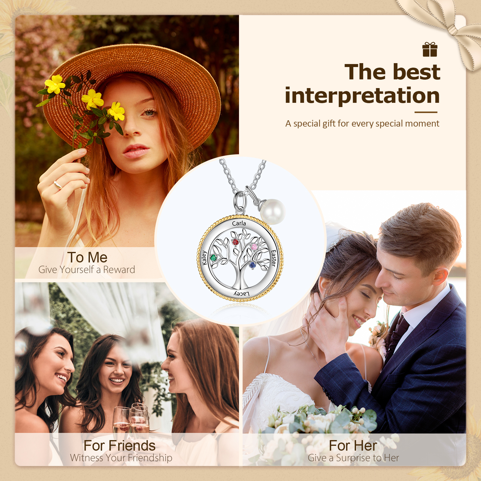 Personalised Family Tree Necklace With 4 Birthstones Engraved Names Necklace Gift For Women-Jessemade AU