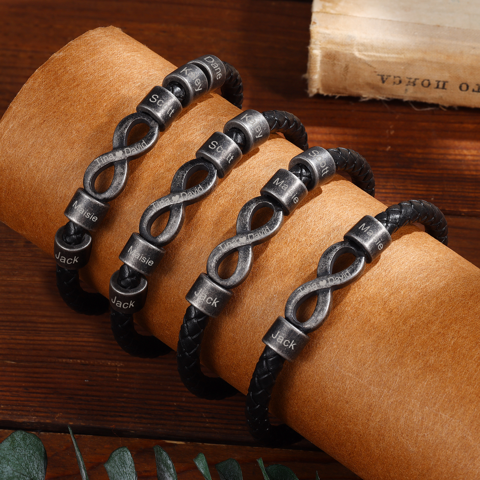 3 Names - Vintage Men's Leather Bracelet Custom Text Beads Bracelet Infinity Bracelet Valentine's Day Personalised Gift for Him-Jessemade AU