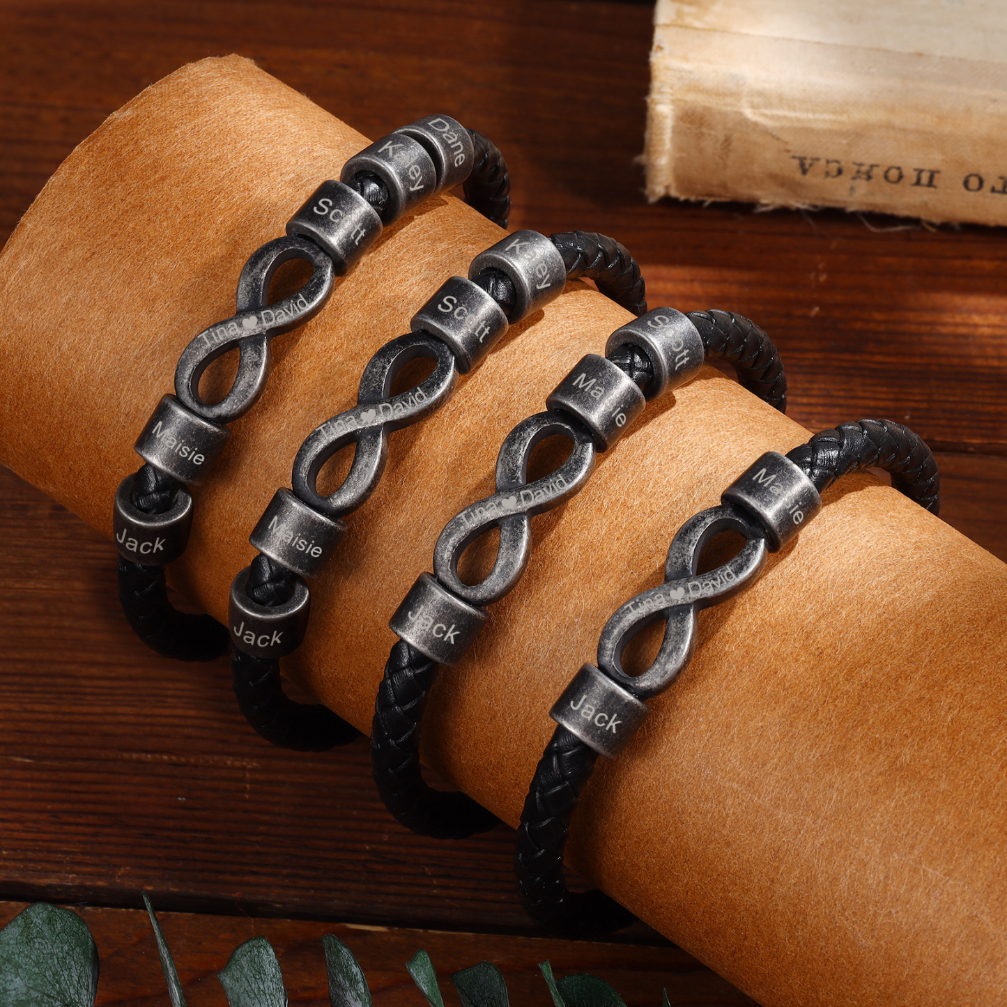 3 Names - Vintage Men's Leather Bracelet Custom Text Beads Bracelet Infinity Bracelet Valentine's Day Personalised Gift for Him-Jessemade AU