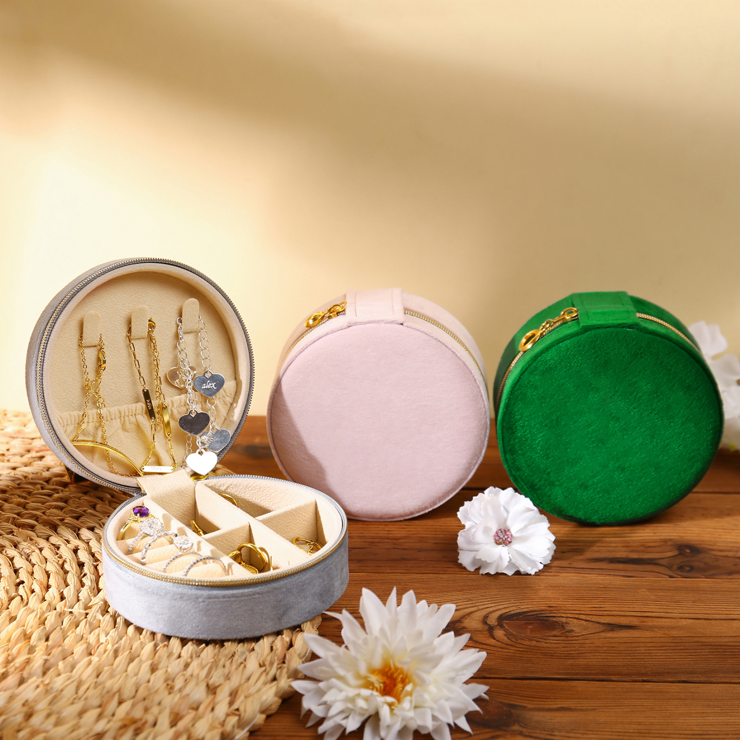 Jewelry Storage Box Travel Jewelry Box Grey/Pink/Green Circle Box Gifts for Ladies Girls-Jessemade AU