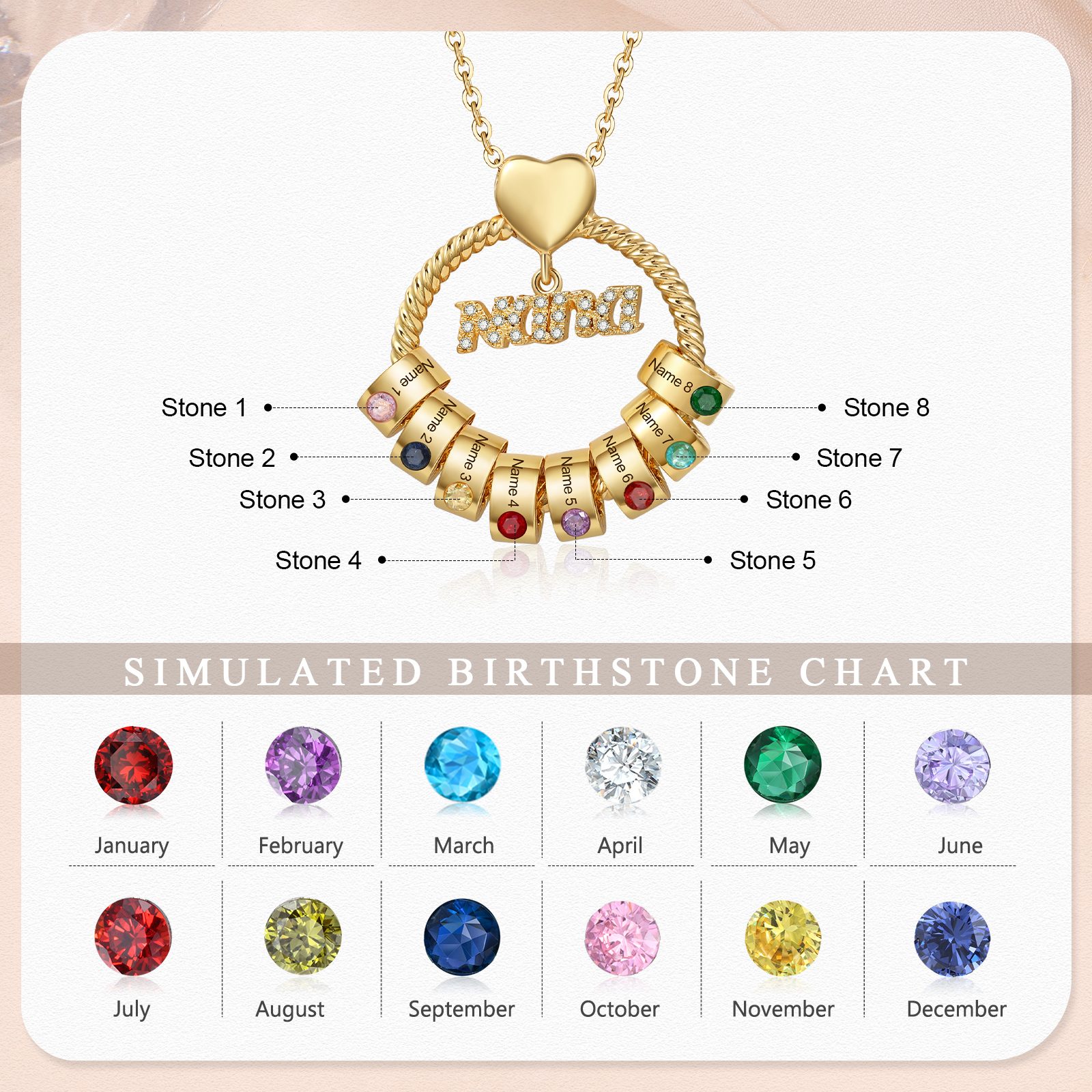 8 Names - Personalised Nana Necklace Custom Names & Birthstones Circle Pendant Necklace Gift for Grandma Nana-Jessemade AU