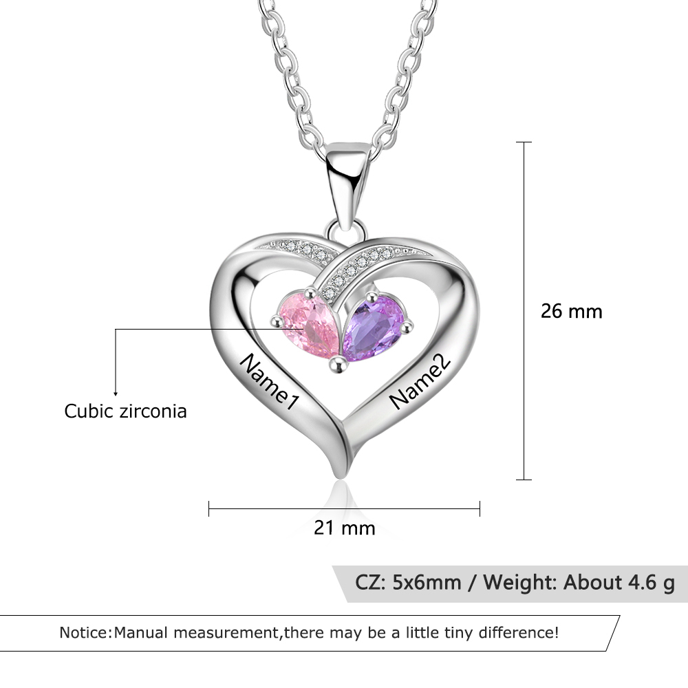 Personalised Heart Mother Necklace With 2 Birthstones Engraved Names Gifts For Her-Jessemade AU