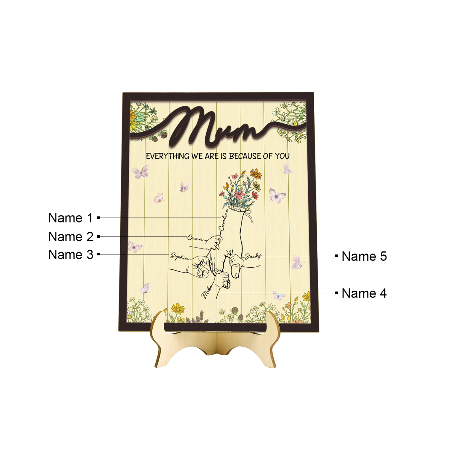 Personalised 5 Names Wooden Plaque Holding Mum's Hand Desktop Decoration With Stand - EVERYTHING WE ARE IS BECAUSE OF YOU-Jessemade AU