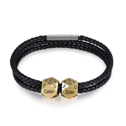 Personalised Braided Leather Bracelet Engraved 4 Names polyhedron Men's Bracelet Gifts For Him-Jessemade AU