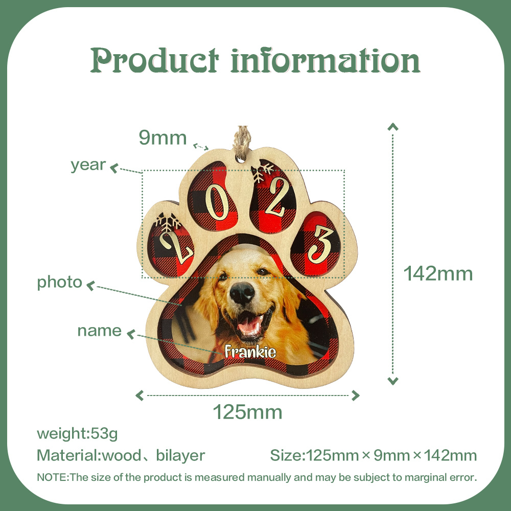 Personalised Christmas Dog Paw Ornament Custom Name & Photo & Year Christmas Gifts-Jessemade AU