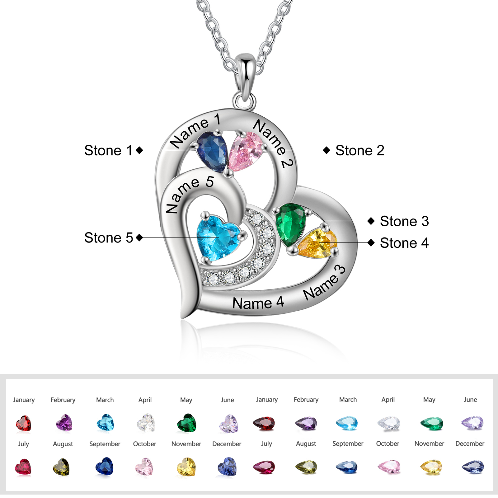 Personalised Heart Necklace With 5 Birthstones Engraved Names Gift For Her-Jessemade AU