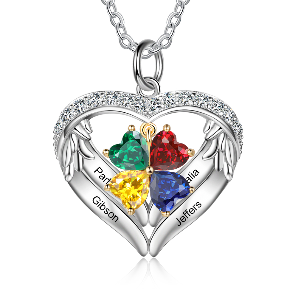 Personalised Wings Necklace With 4 Heart Birthstones Engraved Names Gift For Women-Jessemade AU