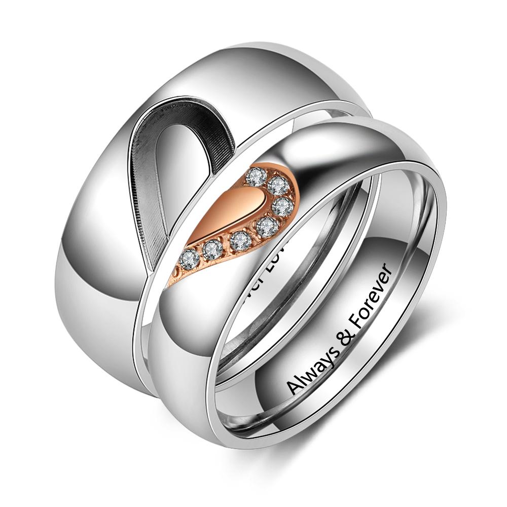 Half Heart Matching Promise Rings for Couple Lovers Custom Engraved Bands Ring-Jessemade AU