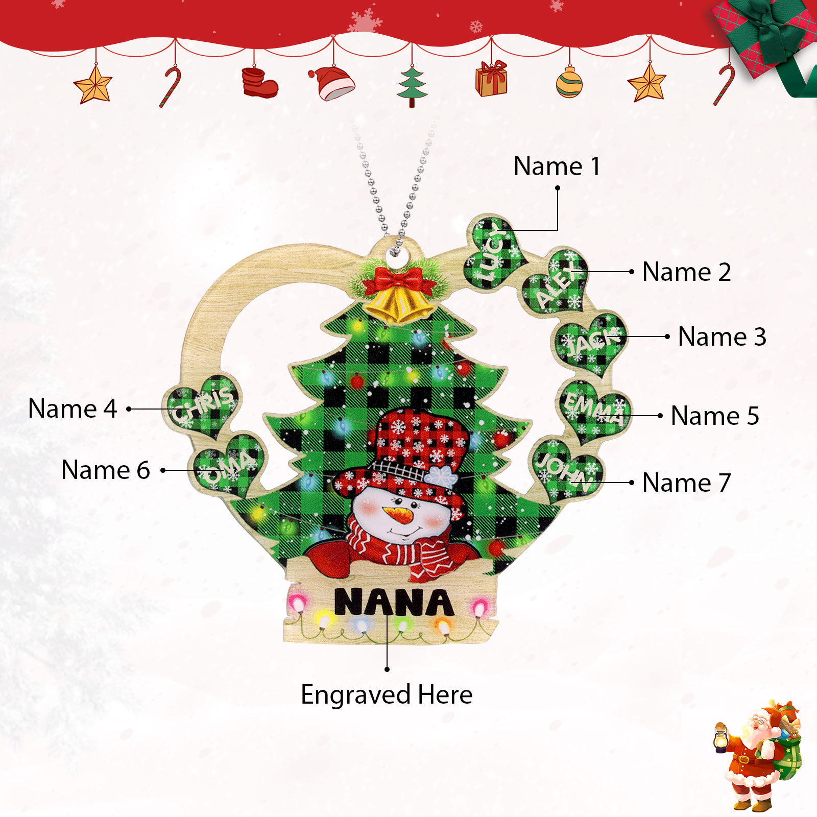 7 Names - Personalised Heart Christmas Tree Ornament Customised Name & Text Acrylic Snowman Hanging Ornaments Gift for Family-Jessemade AU
