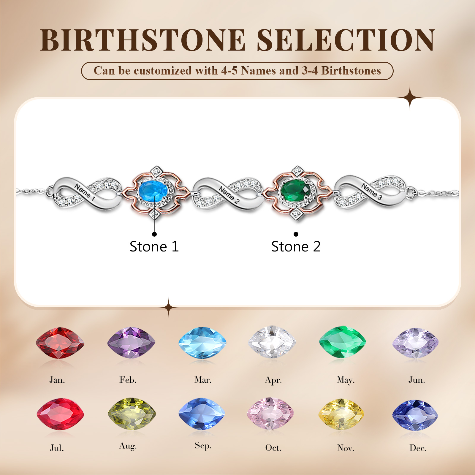 Infinity Bracelet Personalised 2 Birthstones Engraved 3 Names Women's Bracelets Birthday Gift for Her-Jessemade AU