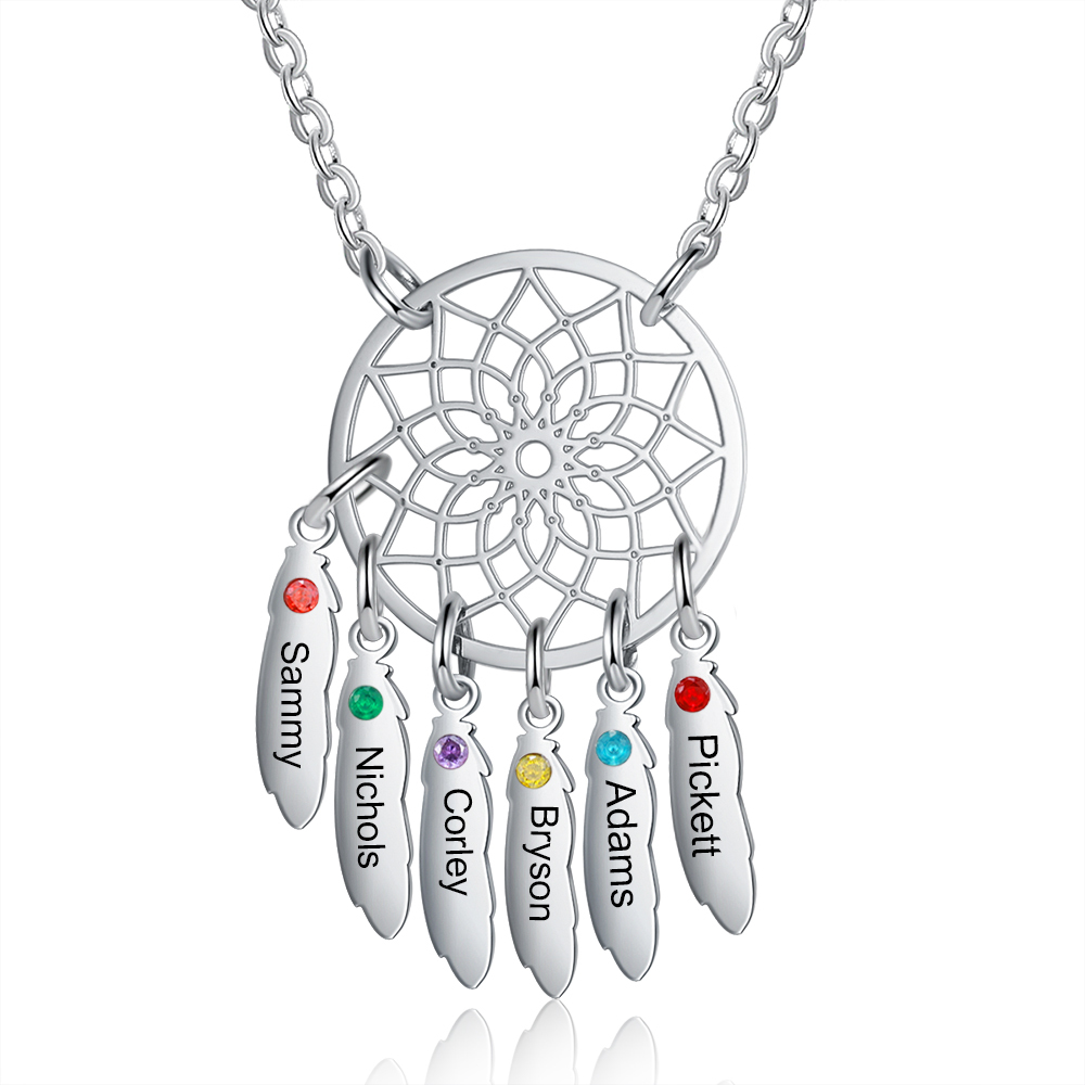 Personalised Dream Catcher Necklace With 6 Birthstones Engraved Names Gift For Women-Jessemade AU