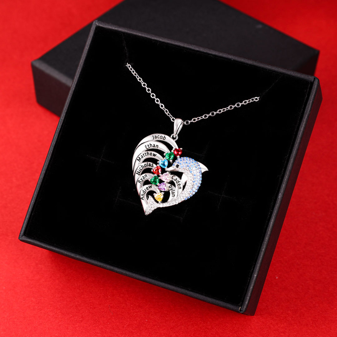 Personalised Heart Dolphin Necklace With 8 Birthstones Engraved Names Necklace Gift For Her-Jessemade AU