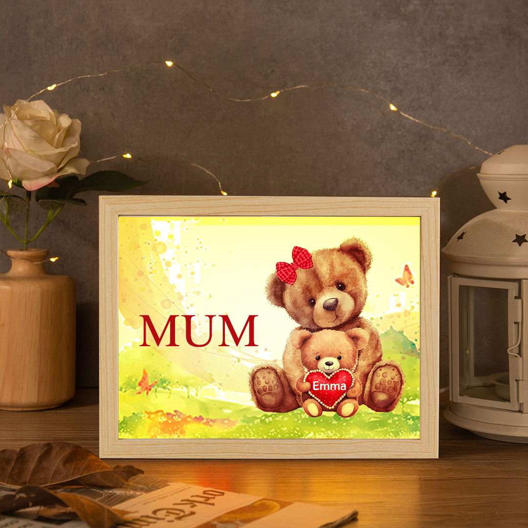 Personalised Frame Night Light Custom 1 Text  & 1 Name Teddy Bears Family Ornament Gifts for Mother/Grandma-Jessemade AU