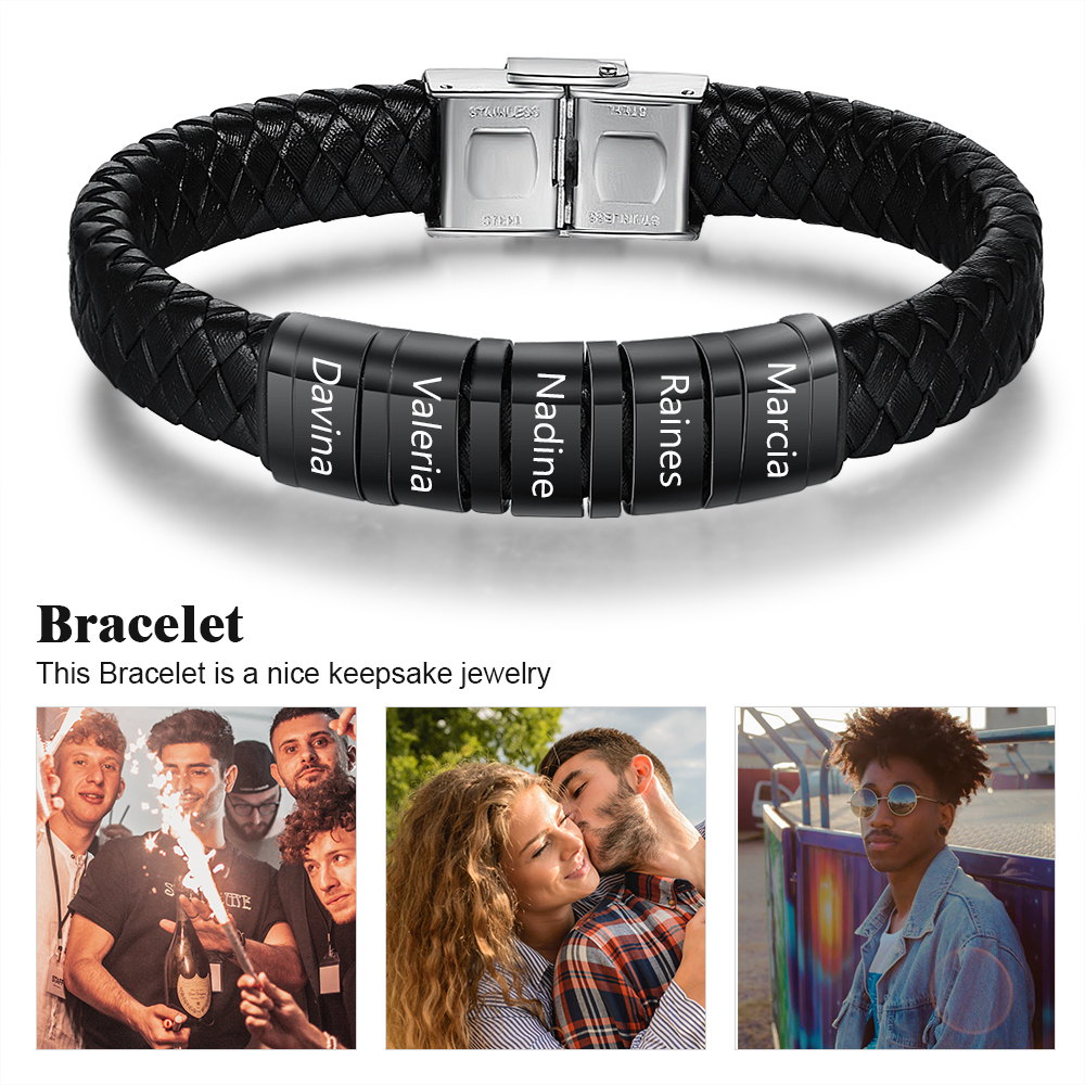 Black Personalised Men's 5 names Bracelet For Dad-Jessemade AU