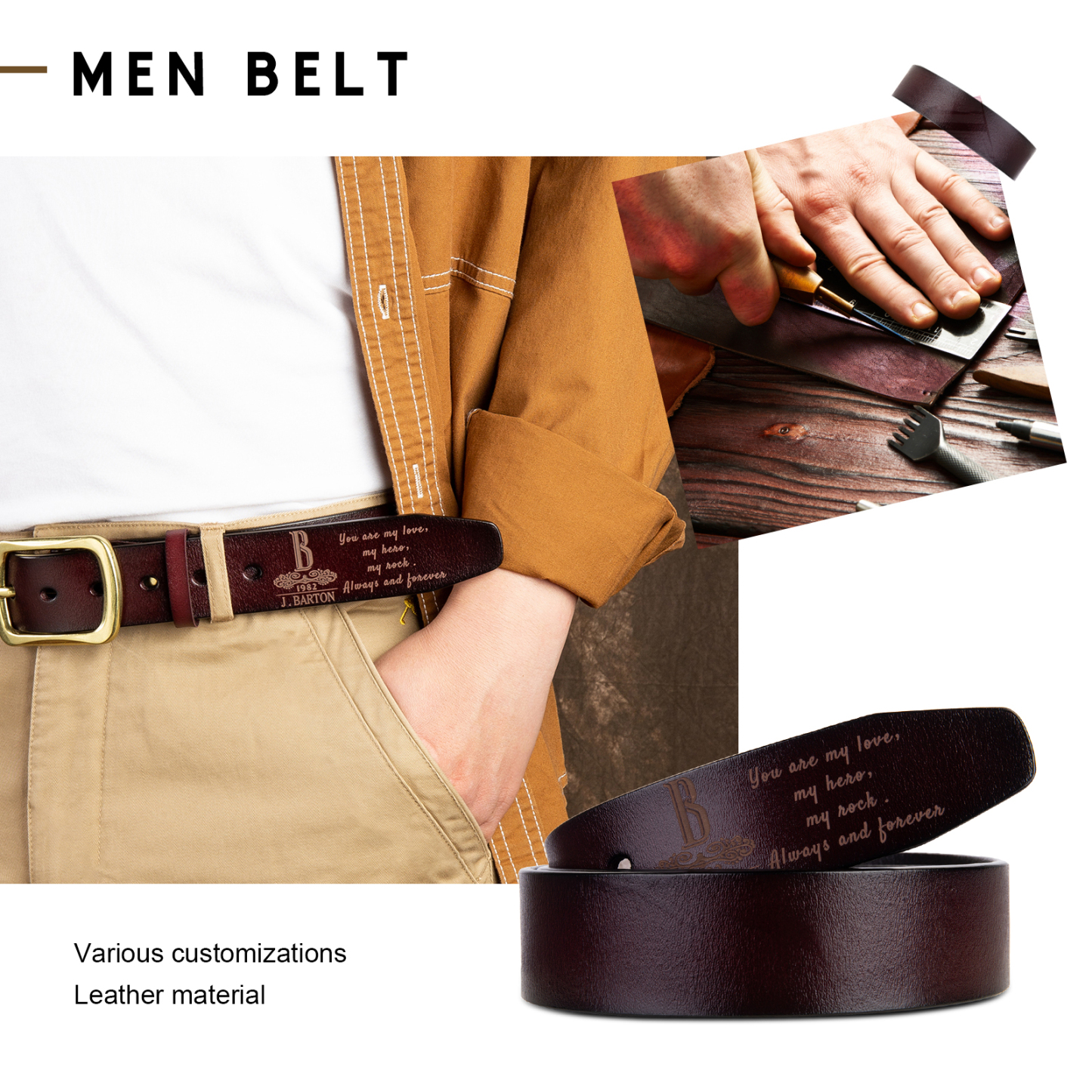 Personalised Genuine Leather Belt Engraved Names Men's Belt for Him-Jessemade AU