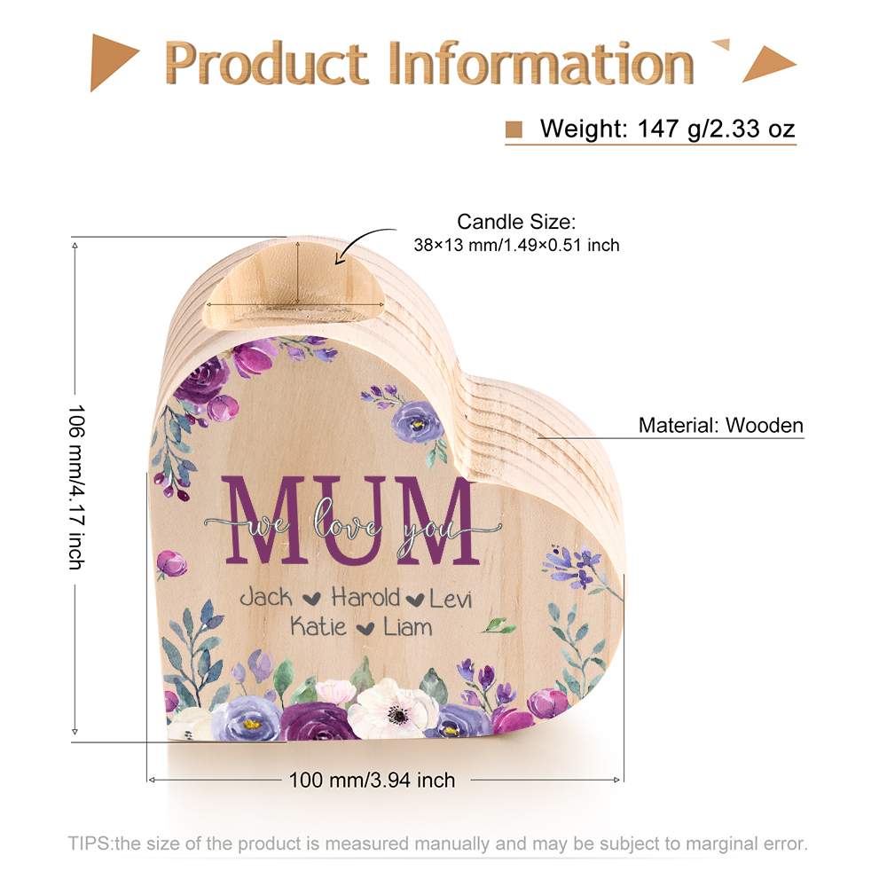 To My Mum Personalised Flower Heart Candle Holder We Love You Wooden Candlestick-Jessemade AU