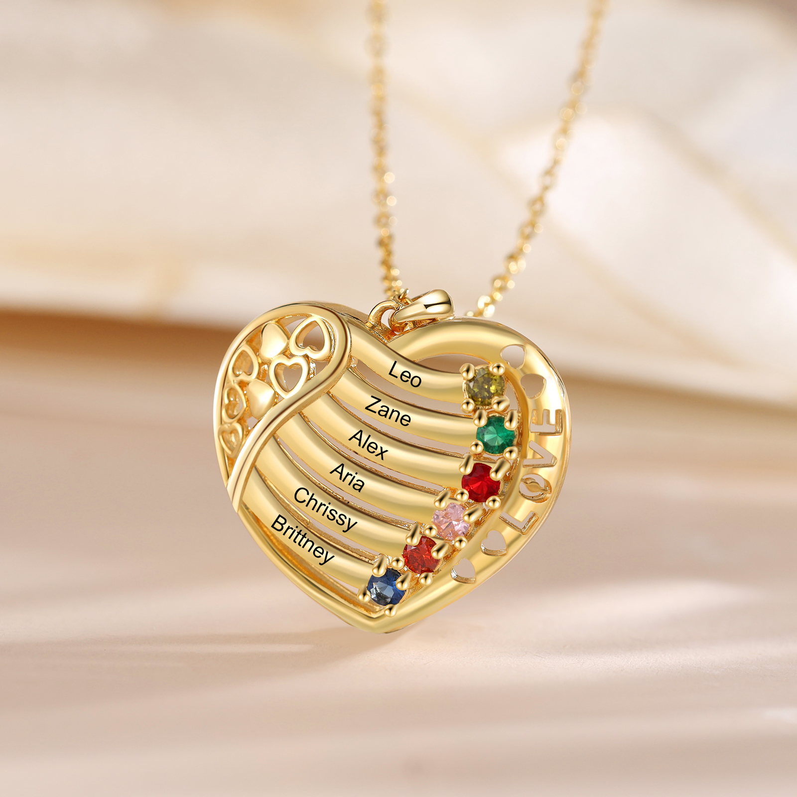 LOVE Heart Necklace Custom 6 Names & Birthstones Family Necklace Gifts For Her-Jessemade AU