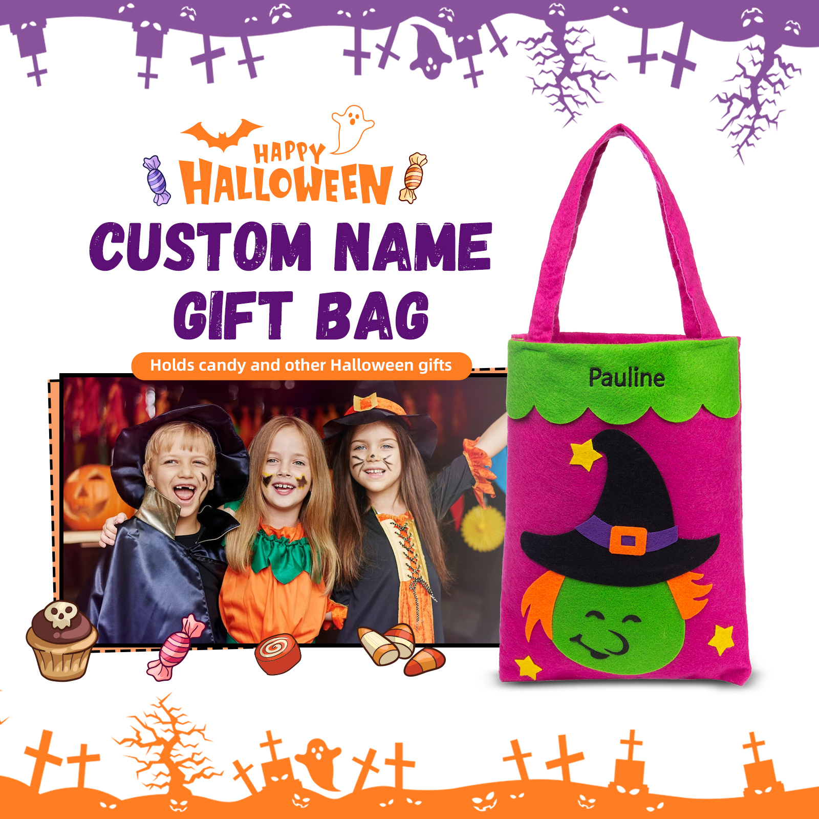 Personalised Halloween Tote Bags Custom 1 Name Tote Bag Halloween Candy Bag for Kids-Jessemade AU