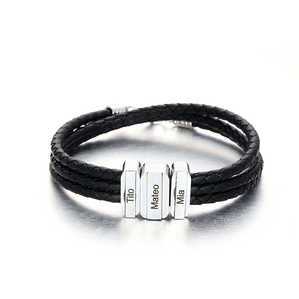 Mens Leather Bracelet with Customised Beads Personalised Three Layer Bracelet Engraved 3 Names-Jessemade AU