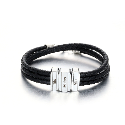 Mens Leather Bracelet with Customised Beads Personalised Three Layer Bracelet Engraved 3 Names-Jessemade AU