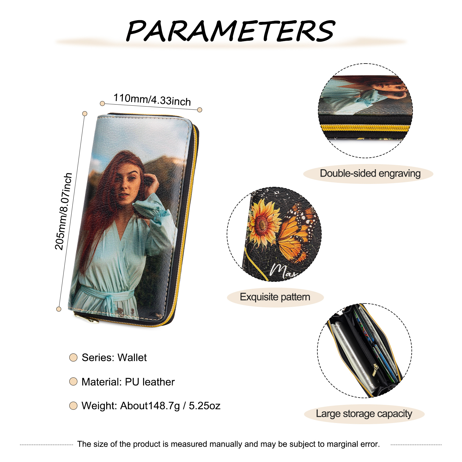 "You Are My Sunshine", Personalised Horse Leather Wallet Engraved 1 Photo Zip Wallet Long Purse Gifts for Her-Jessemade AU