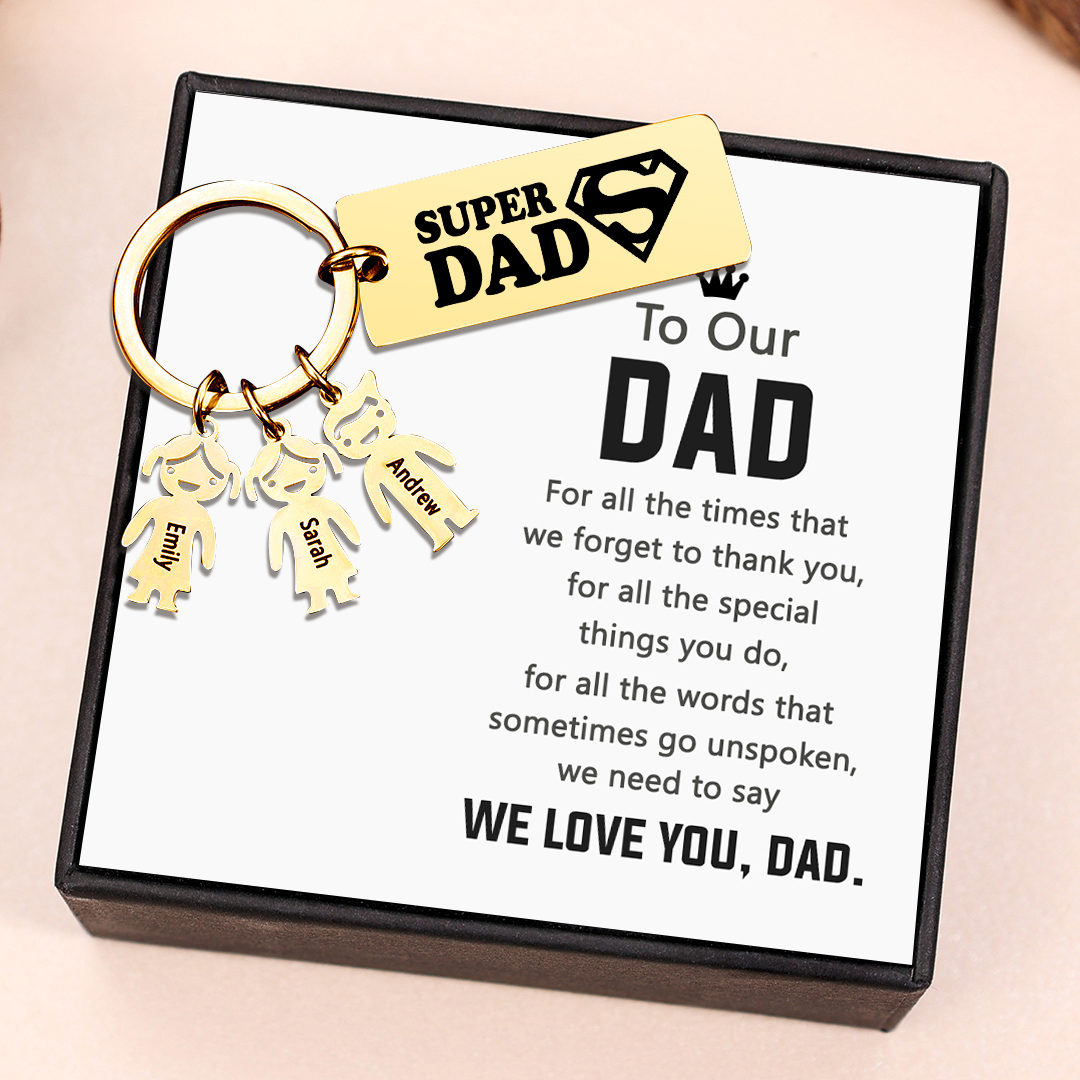 Father's Day Gift Personalised Super Dad Keychain Engraved 3 Kid Charms-Jessemade AU