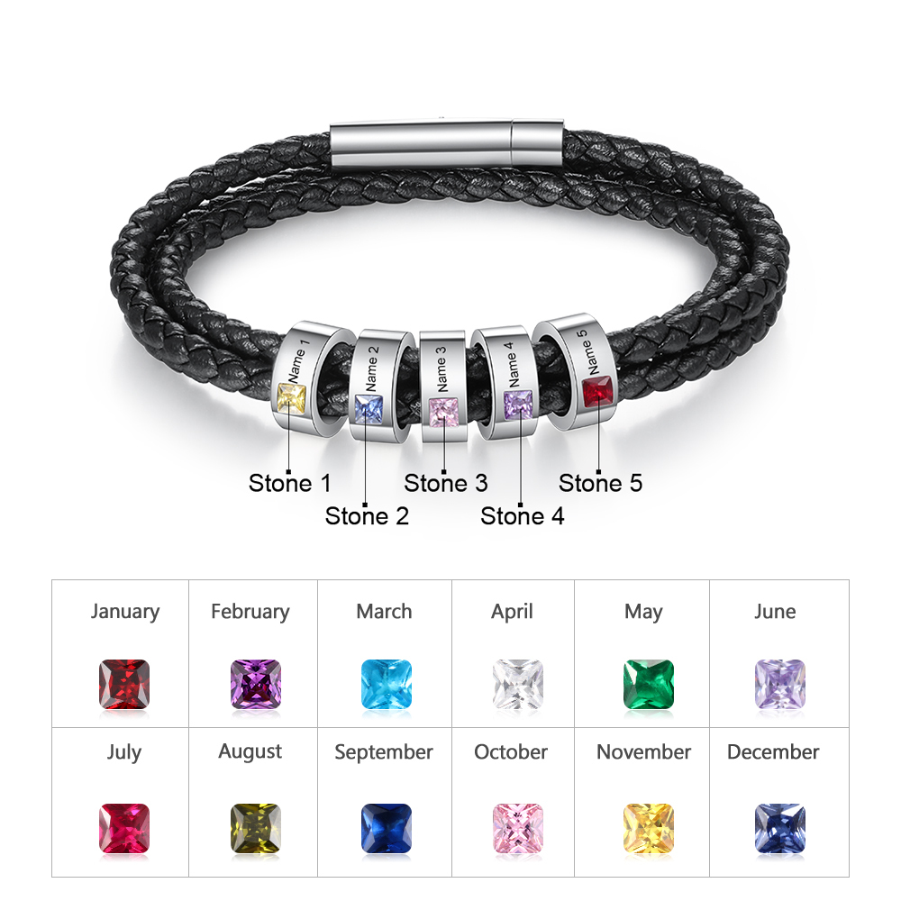 Personalised 3 Layer Leather Bracelet with 5 Beads Engraved Names Men's Bracelets for Him-Jessemade AU