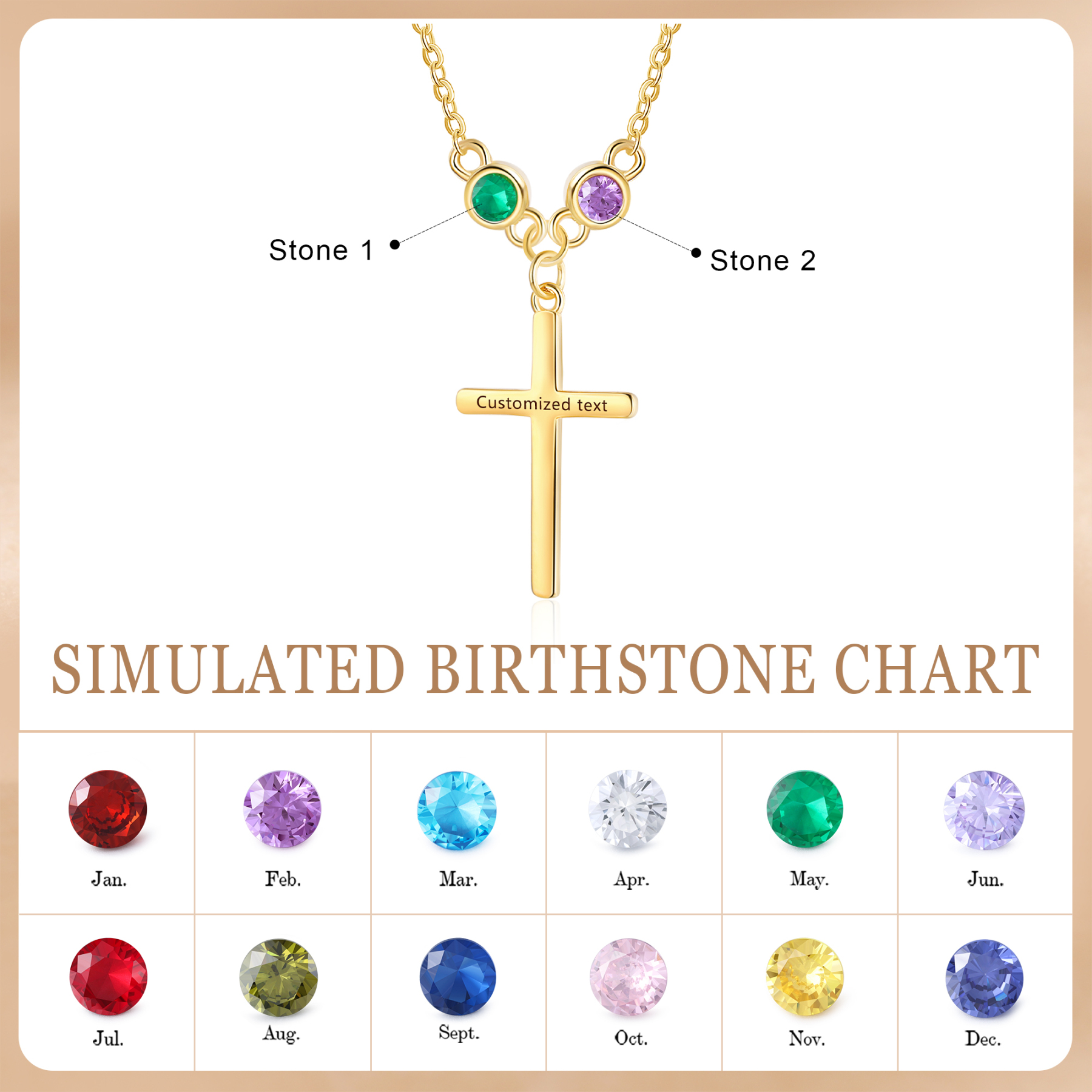 Personalised Cross Pendant Necklace Custom 2 Birthstones & 1 Text Necklace Birthday Gift for Her-Jessemade AU