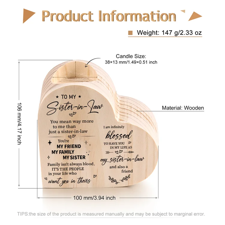 To My Sister-In-Law Heart Candle Holder "I am infinitely blessed to have you in my life" Wooden Candlestick-Jessemade AU