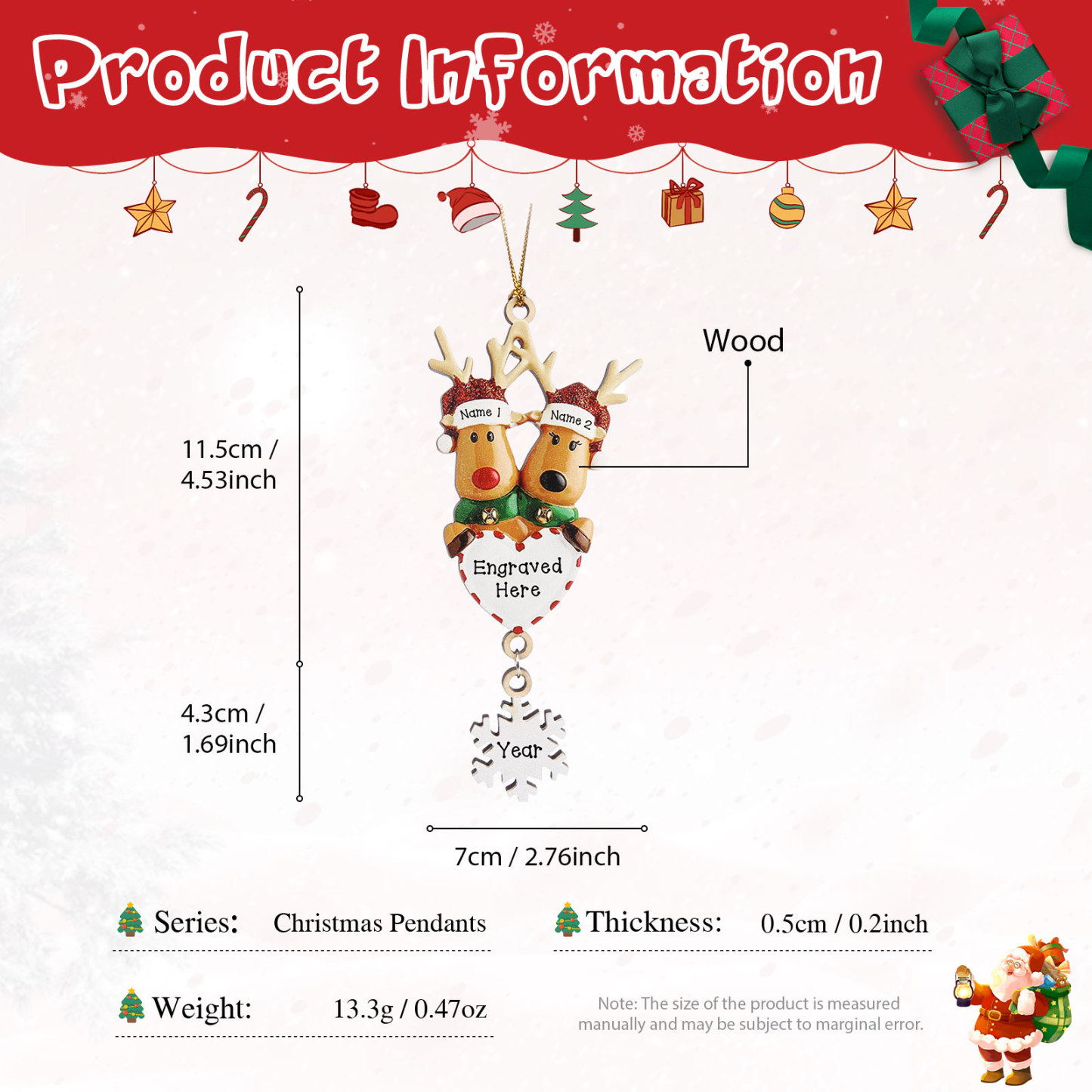 2 Names - Personalised Reindeer Christmas Ornament Customised Name & Text & Year Wooden Hanging Ornaments Christmas Gift for Family-Jessemade AU