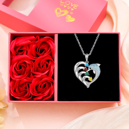 Personalised Heart Dolphin Necklace With 4 Birthstones Engraved Names Gift For Mum-Jessemade AU
