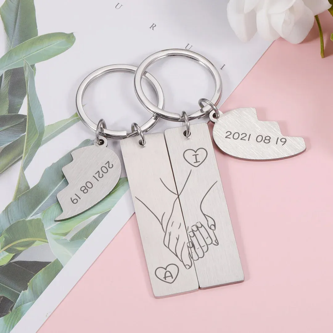 Hand in Hand Couple Keychain Set Personalised Date Initial Heart Matching Couple Gifts-Jessemade AU
