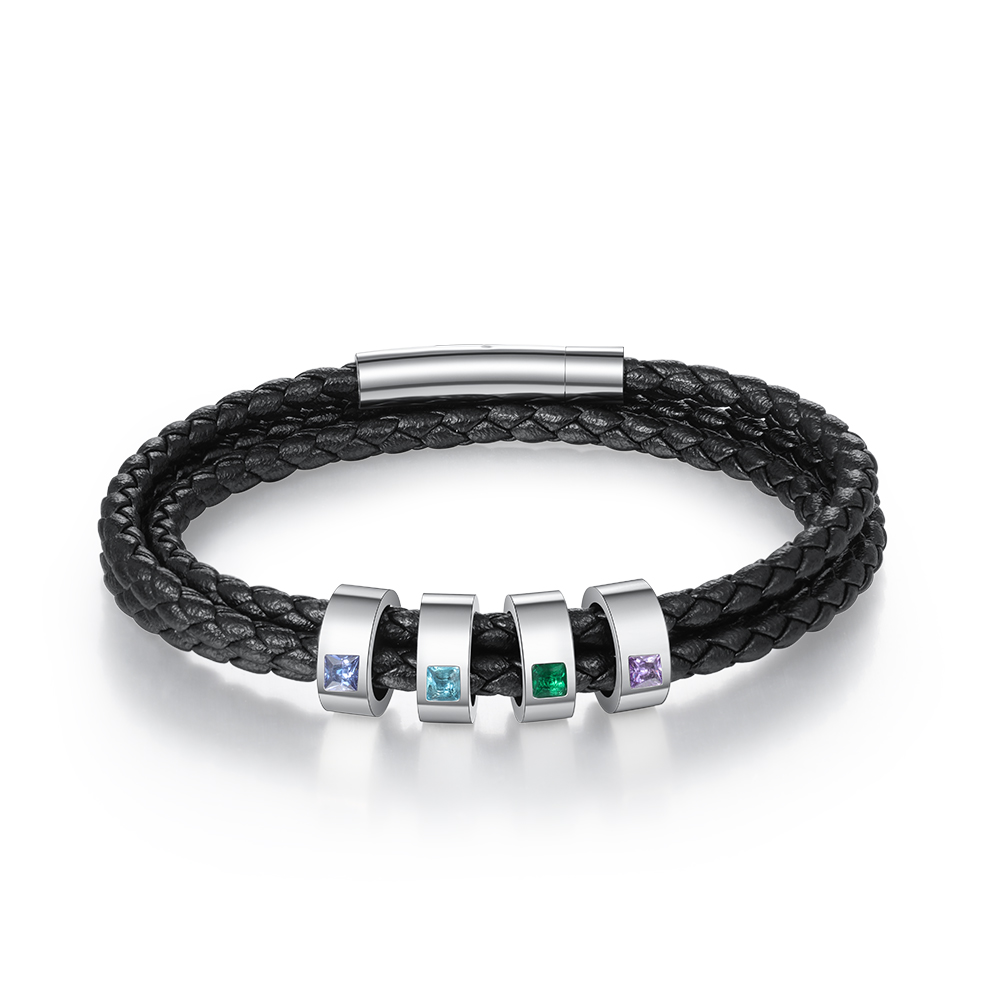 Personalised 3 Layer Leather Bracelet with 4 Beads Engraved Names Men's Bracelets for Him-Jessemade AU