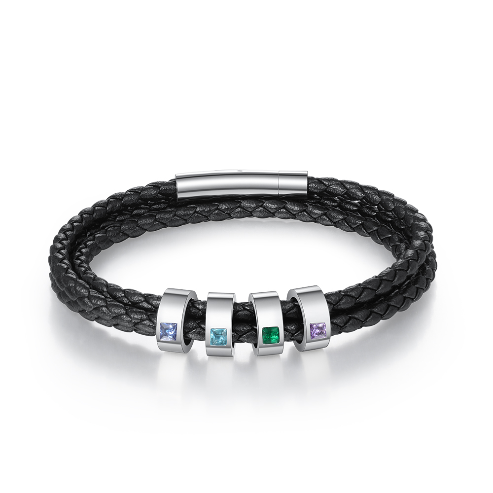 Personalised 3 Layer Leather Bracelet with 4 Beads Engraved Names Men's Bracelets for Him-Jessemade AU