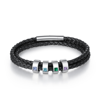 Personalised 3 Layer Leather Bracelet with 4 Beads Engraved Names Men's Bracelets for Him-Jessemade AU