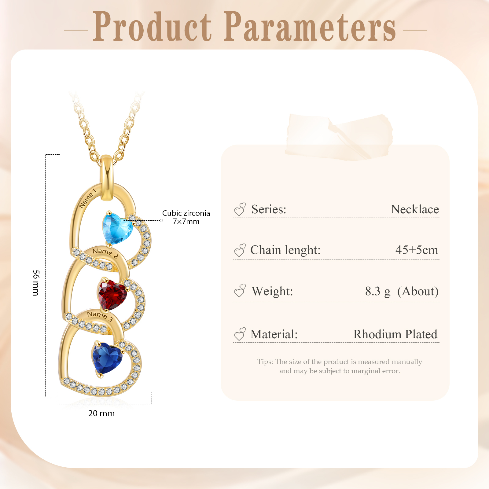 Personalised Heart Pendant Necklace Custom 3 Birthstones & 3 Names Necklace Gifts for Her-Jessemade AU