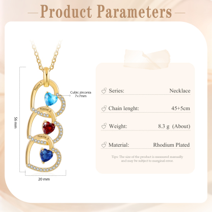 Personalised Heart Pendant Necklace Custom 3 Birthstones & 3 Names Necklace Gifts for Her-Jessemade AU